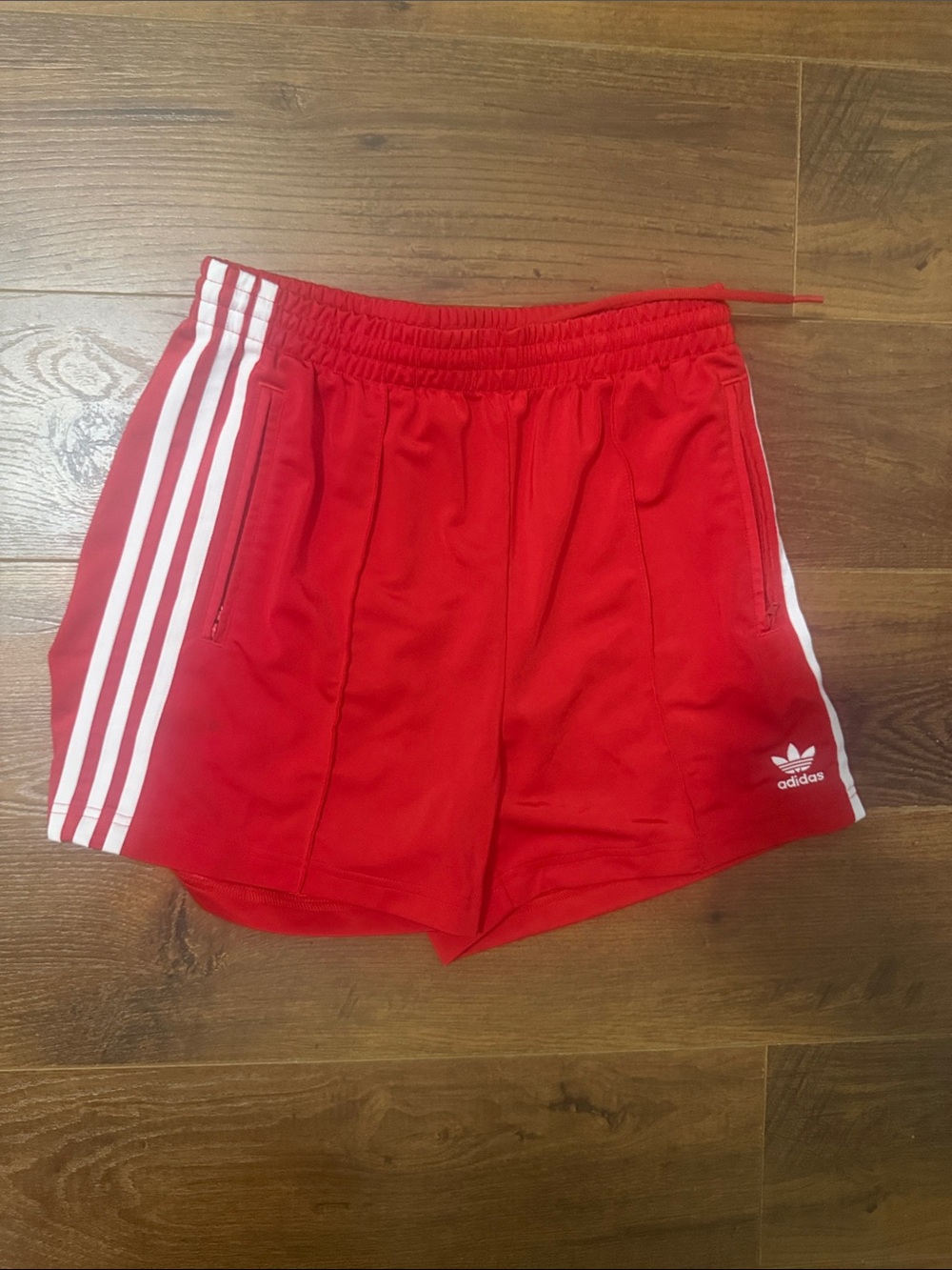 adidas Red Women's Athletic Shorts with White Three-Stripes